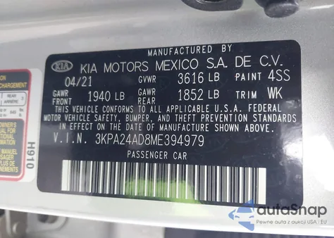 2021 Kia Rio Lx from USA, damaged, VIN 3KPA24AD8ME394979